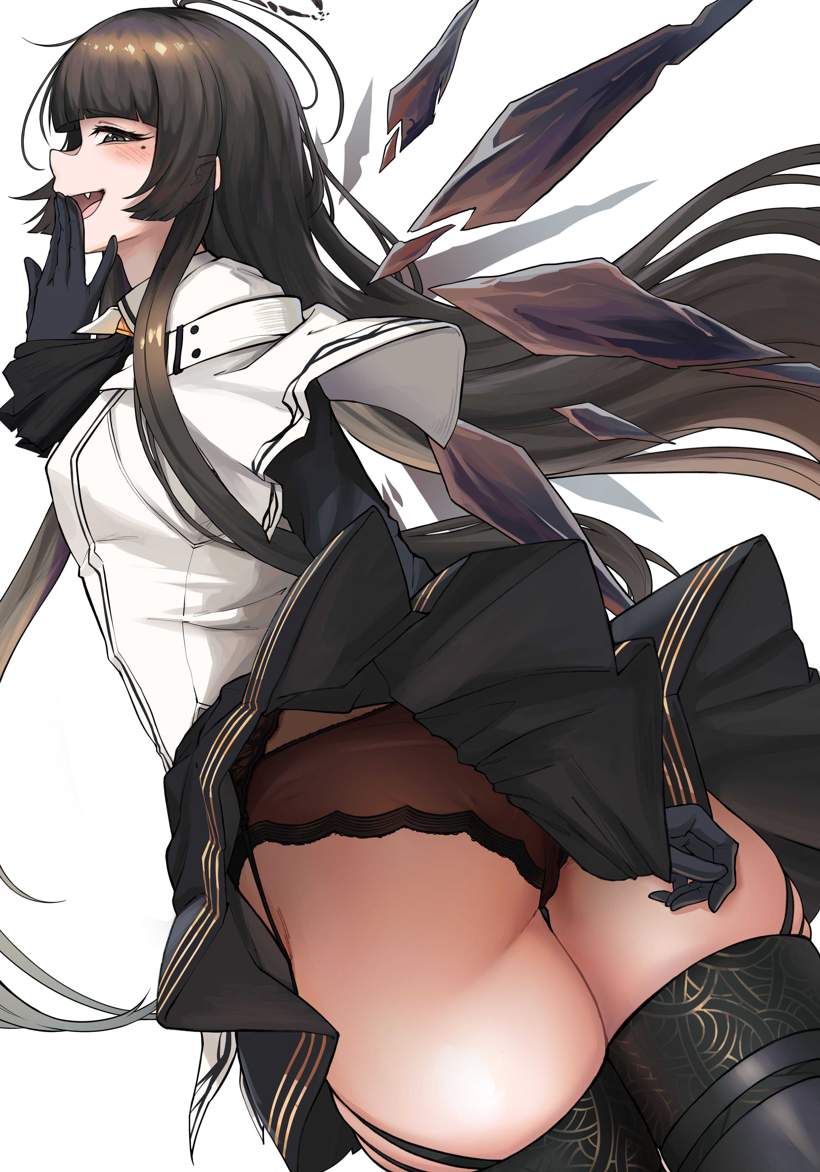 radioneet, virtuosa (arknights), arknights, absurdres, commentary, highres, 1girl, angel, ass, black gloves, black halo, black panties, black skirt, black wings, breasts, clothes lift, detached wings, gloves, halo, long hair, mole, mole under eye, panties, shirt, simple background, skirt, skirt lift, small breasts, solo, underwear, very long hair, white background, white shirt, wings