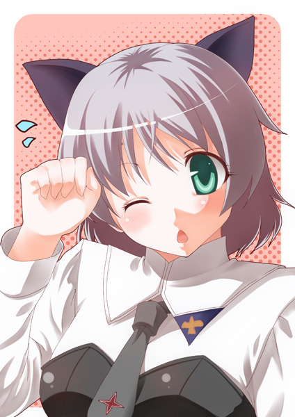 kouji (campus life), sanya v. litvyak, strike witches, world witches series, silver hair, 00s, 1girl, animal ears, female focus, green eyes, one eye closed, paw pose, solo, wink