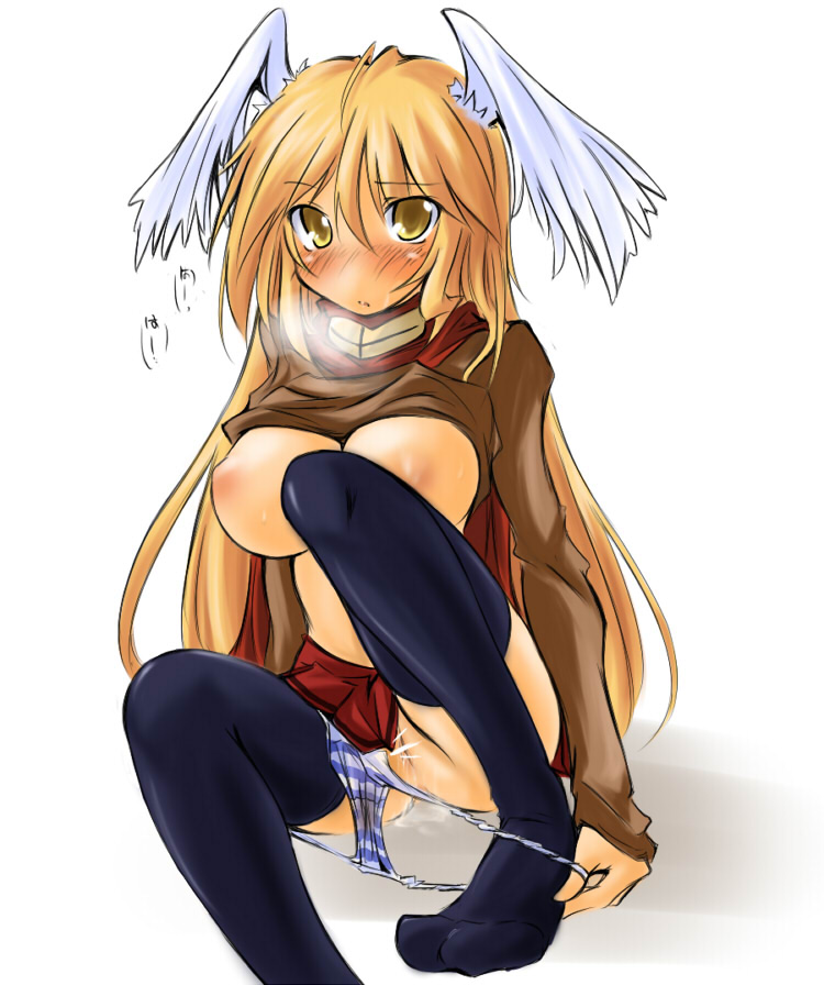 kaminagi (kaminagi-tei), ragnarok online, 1girl, blonde hair, blush, breasts, censored, clothes lift, crossdressing, crossdressing (ftm), female focus, head wings, large breasts, long hair, panties, panty pull, pussy, pussy juice, shirt lift, solo, thighhighs, underwear, wings, yellow eyes