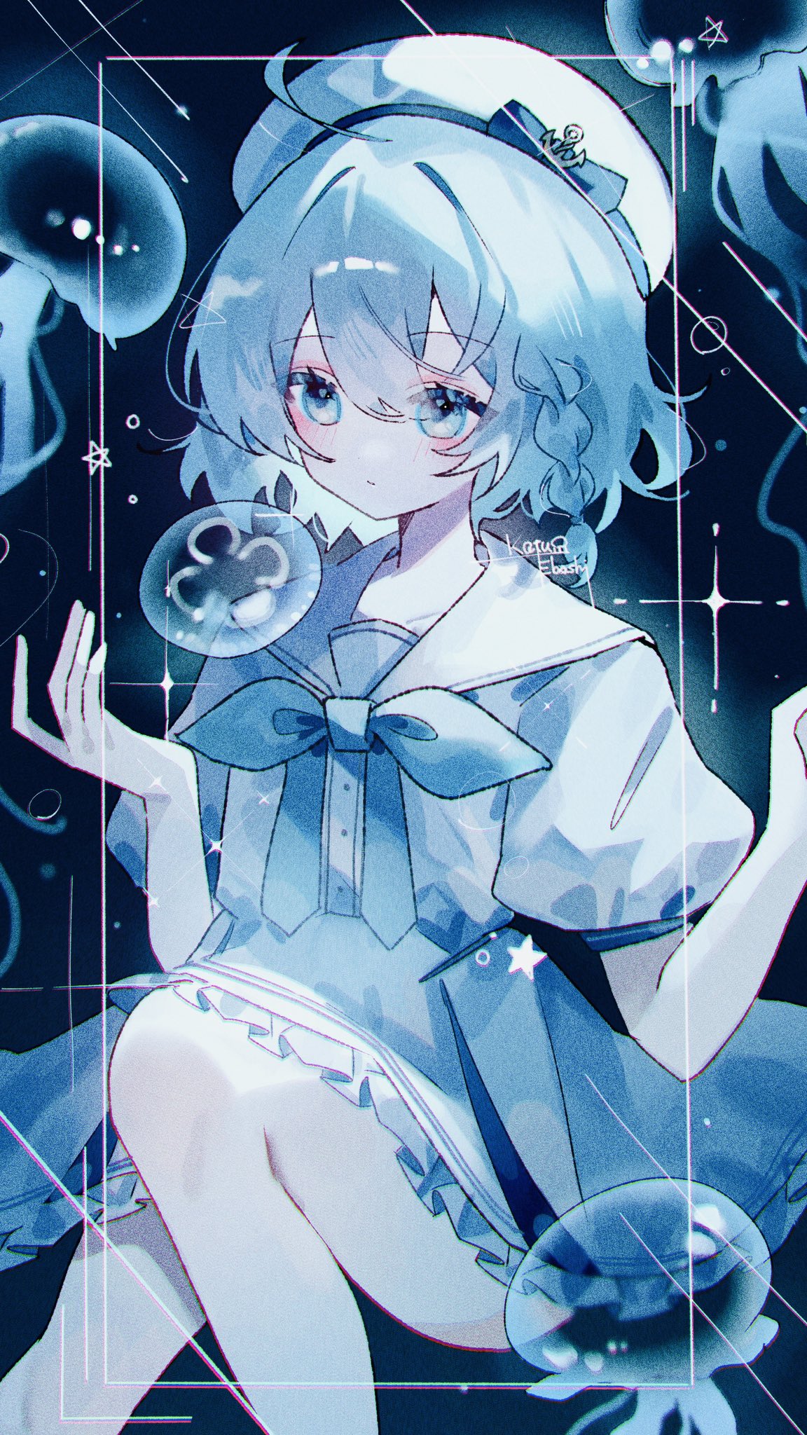 simple ice, original, highres, 1girl, blue bow, blue bowtie, blue eyes, blue hair, blue skirt, blue theme, blush, bow, bowtie, braid, bubble, closed mouth, frilled skirt, frills, hair between eyes, jellyfish, puffy short sleeves, puffy sleeves, sailor collar, shirt, short hair, short sleeves, side braid, single braid, skirt, solo, star (symbol), white sailor collar, white shirt