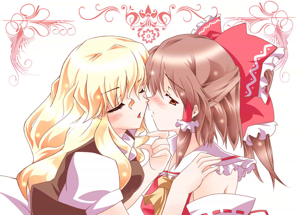 hazuki m, hakurei reimu, kirisame marisa, touhou, 2girls, blonde hair, blush, brown hair, closed eyes, female focus, kiss, multiple girls, tongue, yuri