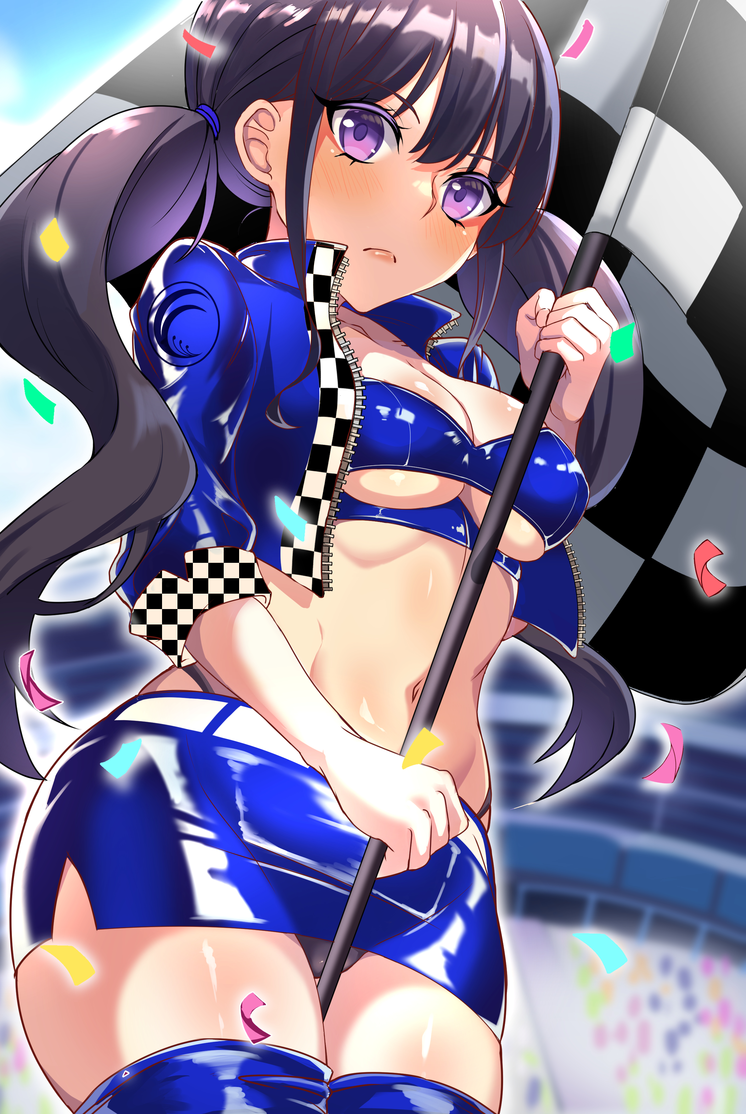 angel lingxing, inoue takina, lycoris recoil, absurdres, highres, black hair, black panties, blue jacket, blue skirt, blue thighhighs, breasts, checkered clothes, checkered flag, cleavage, flag, highleg, highleg panties, holding, holding flag, jacket, long hair, midriff, navel, panties, race queen, skirt, thighhighs, thighs, twintails, underboob, underwear, unzipped
