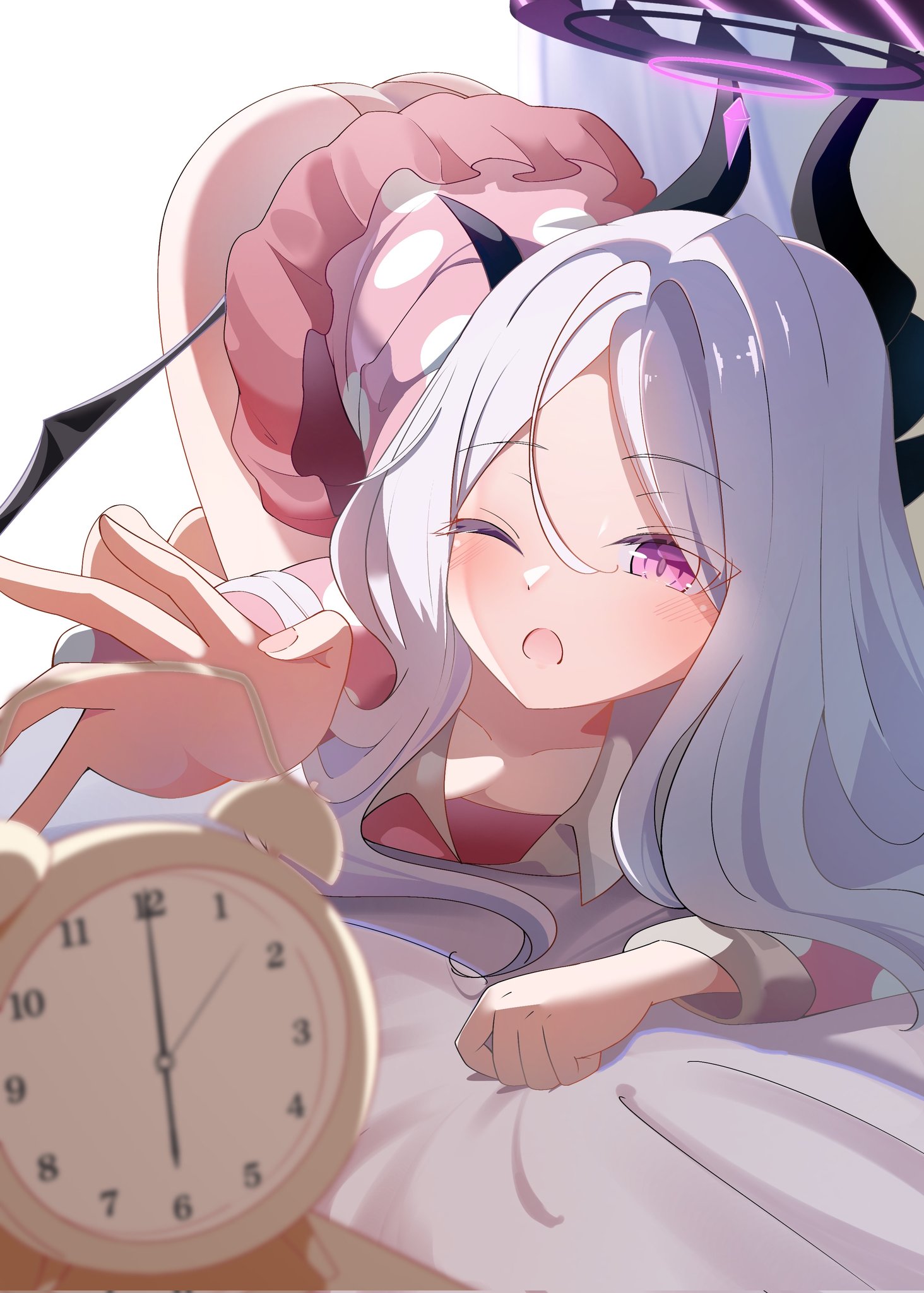 rakkusu (user nxue3445), hina (blue archive), blue archive, highres, 1girl, ;o, alarm clock, ass, bed sheet, blurry, blush, clock, collarbone, demon girl, demon horns, demon wings, depth of field, hair between eyes, horns, long hair, long sleeves, looking at viewer, official alternate costume, one eye closed, open mouth, pajamas, parted bangs, pink pajamas, polka dot, purple eyes, reaching, reaching towards viewer, sidelocks, solo, top-down bottom-up, waking up, white hair, wings
