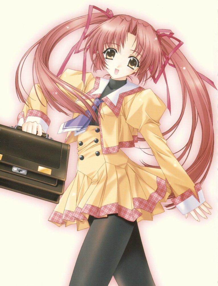 kimizuka aoi, non-web source, bag, black eyes, hair ribbon, long hair, pantyhose, pink hair, ribbon, school uniform, solo, twintails