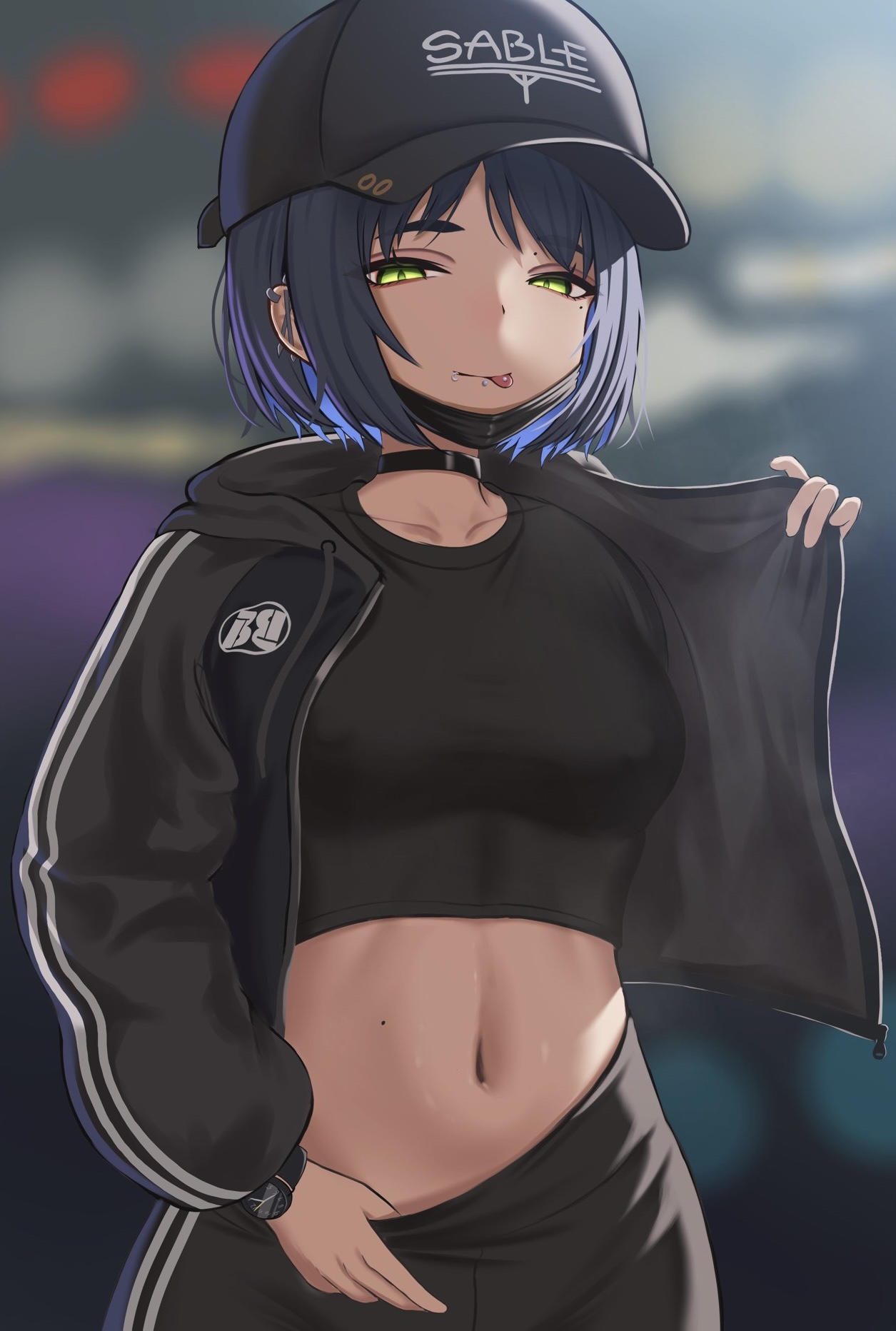 nishinokyo, goddess of victory: nikke, commentary request, highres, partial commentary, 1girl, barbell piercing, baseball cap, black choker, black hat, black jacket, black mask, black shirt, black shorts, blue hair, blurry, blurry background, breasts, choker, clothes pull, collarbone, cowboy shot, crop top, deipara (nikke), drawstring, ear piercing, face piercing, green eyes, hat, hood, hood down, hooded jacket, industrial piercing, jacket, long sleeves, looking at viewer, mask, mask pull, medium breasts, midriff, mole, mole above eye, mole on stomach, mole under eye, mouth mask, mouth piercing, navel, open clothes, open jacket, piercing, shirt, short hair, short shorts, shorts, shorts pull, sidelocks, smile, solo, standing, tongue, tongue out, tongue piercing, watch, wristwatch