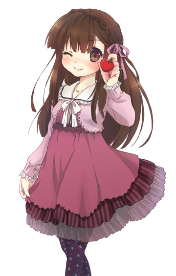 kona, kona (canaria), houraisan kaguya, touhou, bad id, bad pixiv id, 1girl, alternate costume, brown eyes, brown hair, casual, dress, female focus, hair ribbon, heart, long hair, one eye closed, pantyhose, ribbon, smile, solo, thighhighs, valentine, wink