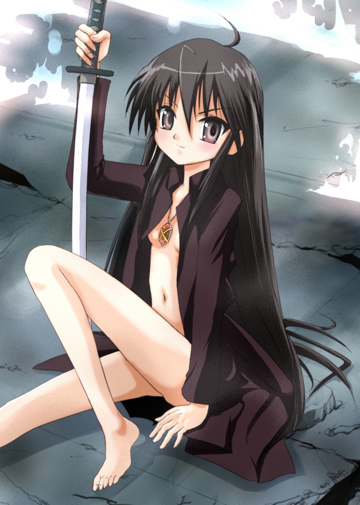 jingorou, alastor (shakugan no shana), shana, shakugan no shana, bad id, bad pixiv id, 00s, 1girl, ahoge, barefoot, black hair, coat, feet, female focus, jewelry, long hair, open clothes, open shirt, pendant, shirt, solo, sword, weapon