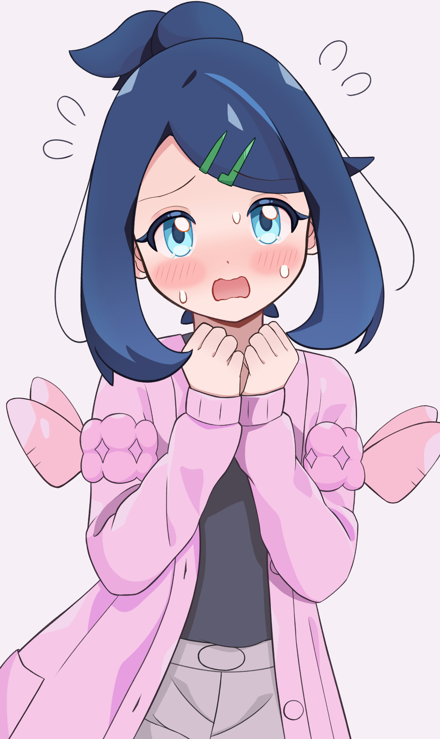 melili, lacey (pokemon), liko (pokemon), nintendo, pokemon, pokemon (anime), pokemon horizons, absurdres, commentary request, highres, 1girl, black hair, blue eyes, blush, buttons, cardigan, cosplay, flying sweatdrops, grey pants, hair ornament, hairclip, hands up, lacey (pokemon) (cosplay), long sleeves, looking at viewer, medium hair, open cardigan, open clothes, open mouth, pants, pink cardigan, shirt, sleeves past wrists, solo, sweat, swept bangs