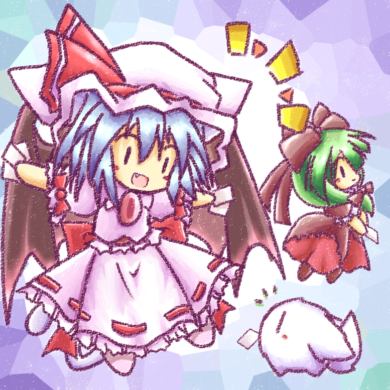 tilde (ice cube), kagiyama hina, kedama (touhou), remilia scarlet, touhou, bad id, bad pixiv id, 2girls, animal ears, blue hair, cat ears, cat girl, cat tail, chibi, female focus, front ponytail, green hair, hair ribbon, hat, hat ribbon, multiple girls, ribbon, tail, | |