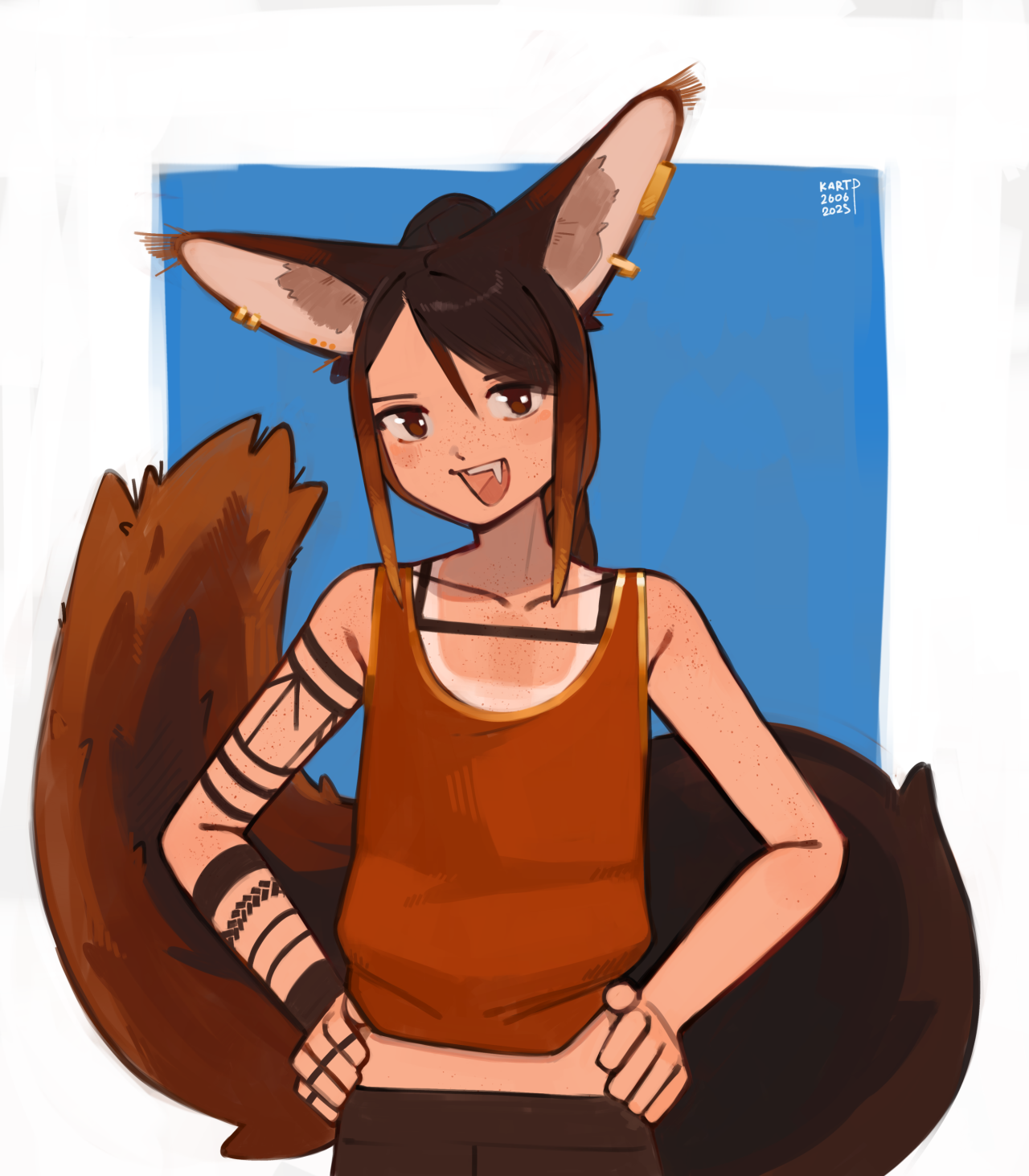 kart prowler, original, commentary, english commentary, highres, 1girl, animal ear fluff, animal ear piercing, animal ears, arm tattoo, artist name, brown eyes, brown hair, dated, fang, freckles, hands on own hips, long hair, open mouth, orange tank top, sidelocks, simple background, smile, solo, squirrel ears, squirrel girl, squirrel tail, tail, tan, tank top, tanline, tattoo, teeth, toskr (kart prowler), upper teeth only