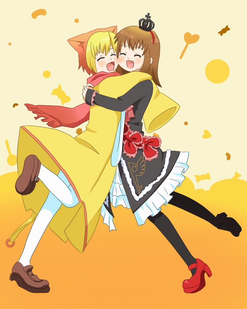yuta (hoshiuta), maria (umineko), sakutarou (umineko), umineko no naku koro ni, 00s, 1boy, 1girl, blonde hair, candy, crown, dress, fang, food, hetero, hug, pantyhose, red hair, scarf