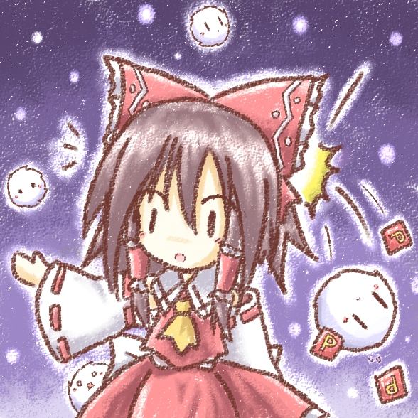 tilde (ice cube), hakurei reimu, kedama (touhou), touhou, bad id, bad pixiv id, 1girl, bow, brown hair, chibi, detached sleeves, female focus, gradient background, japanese clothes, miko, power-up, skirt, solo, | |