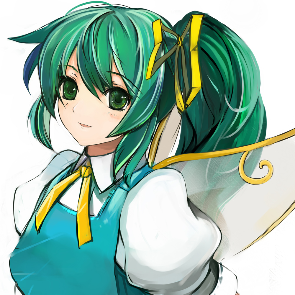 pupps, daiyousei, embodiment of scarlet devil, touhou, 1girl, blue dress, blush, dress, fairy wings, female focus, green eyes, green hair, hair ribbon, light smile, long hair, matching hair/eyes, ponytail, ribbon, shirt, short hair, side ponytail, simple background, solo, upper body, wings