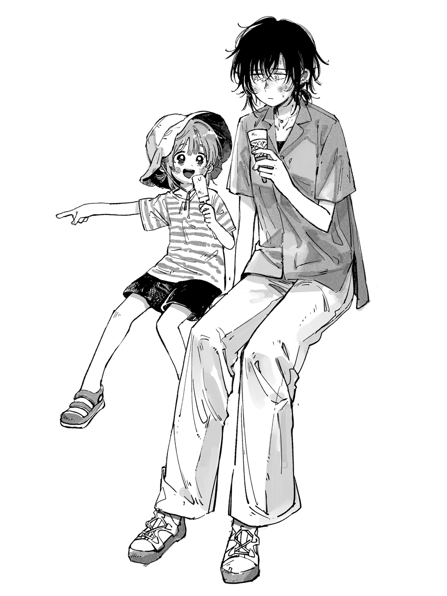 itou hachi, original, highres, 2girls, :d, age difference, expressionless, food, greyscale, hat, holding, holding food, holding ice cream, ice cream, monochrome, multiple girls, open mouth, pants, pointing, shorts, simple background, sitting, smile