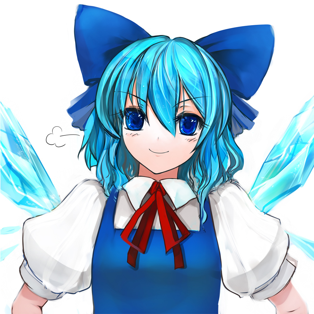 pupps, cirno, embodiment of scarlet devil, touhou, >:), 1girl, blue dress, blue eyes, blue hair, blush, dress, female focus, matching hair/eyes, short hair, smile, solo, upper body, v-shaped eyebrows, wings