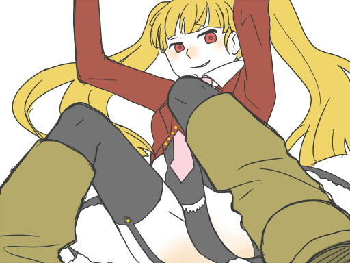 asmodeus (umineko), stakes of purgatory, umineko no naku koro ni, 00s, 1girl, blonde hair, boots, leotard, necktie, pink necktie, red eyes, smile, thighhighs, twintails