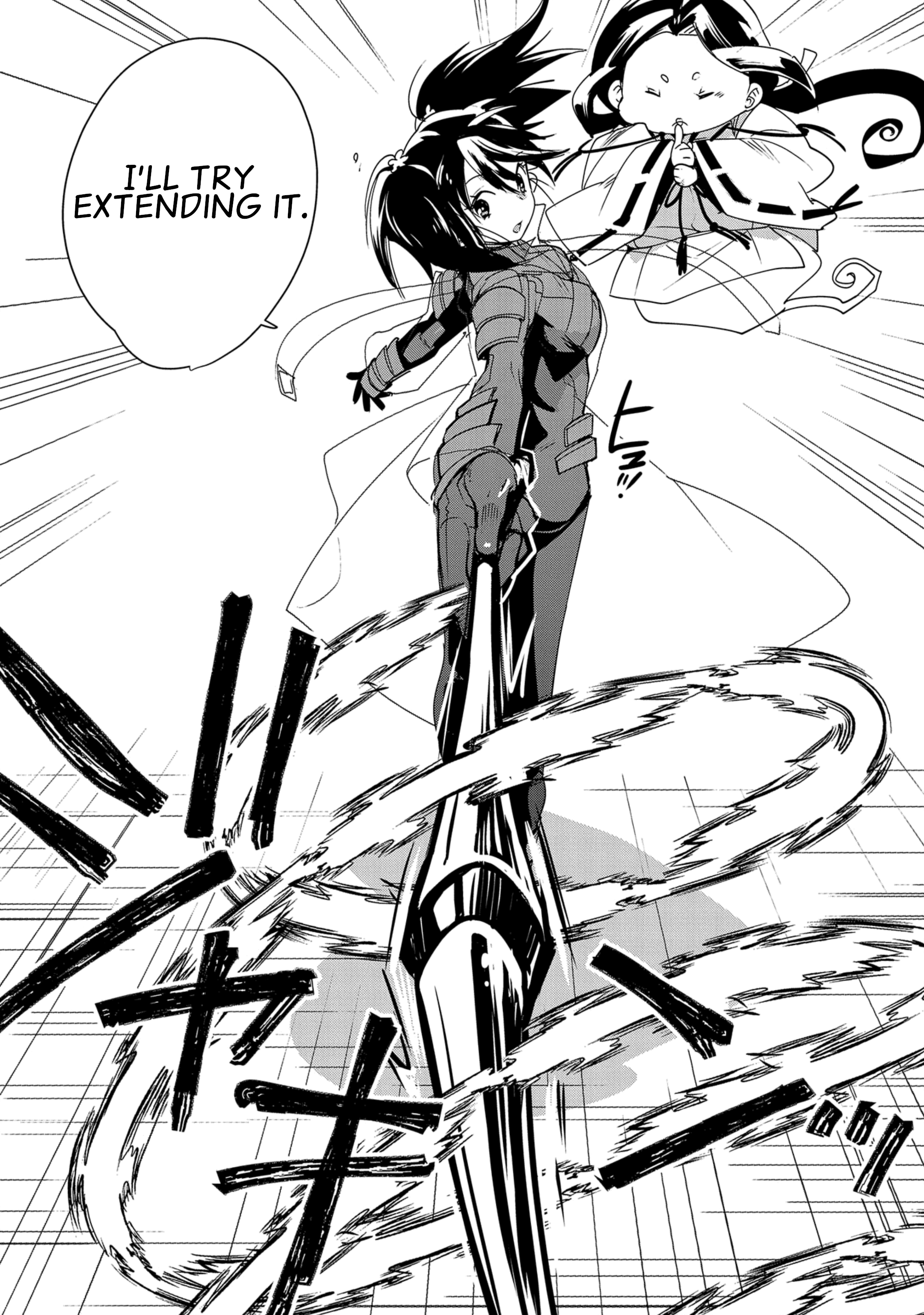 dannoura mokomoko, dannoura tomochika, sokushi cheat ga saikyou sugite isekai no yatsura ga marude aite ni naranai n desu ga, official art, 1girl, bodysuit, monochrome, splash page, twintails
