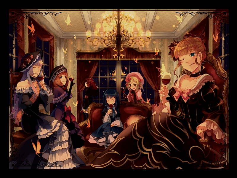hanokage, suzushiro kurumi, beatrice (umineko), eva beatrice, frederica bernkastel, lambdadelta, ushiromiya ange, virgilia (umineko), umineko no naku koro ni, 00s, 6+girls, :p, alcohol, blue hair, brown hair, bug, butterfly, chair, chandelier, closed eyes, couch, curtains, dress, frills, goth fashion, hair bobbles, hair ornament, hair ribbon, hat, hime cut, insect, long hair, multiple girls, one eye closed, red hair, red upholstery, ribbon, room, sitting, tongue, tongue out, window, wine, wink