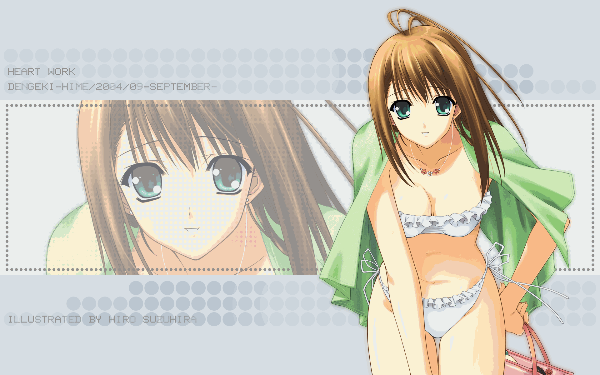 suzuhira hiro, highres, non-web source, 1girl, bag, bent over, bikini, breasts, brown hair, cleavage, drape, earrings, female focus, green eyes, hand on own hip, holding, jewelry, large breasts, leaning forward, long hair, navel, necklace, short hair, side-tie bikini bottom, smile, solo, strapless, strapless bikini, swimsuit, towel, white bikini, zoom layer