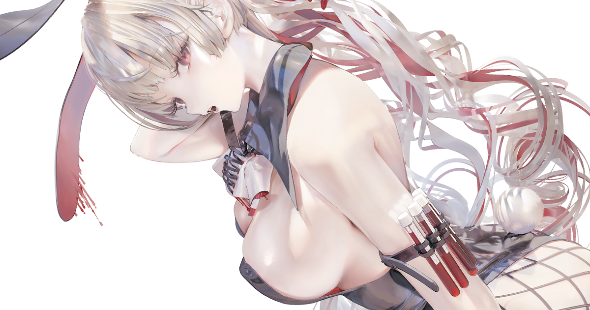 jima, original, 1girl, arm strap, bare shoulders, blood, breasts, cleavage, detached collar, from side, gloves, grey hair, large breasts, long hair, looking at viewer, open mouth, red eyes, red gloves, sideboob, simple background, solo, test tube, upper body, white background