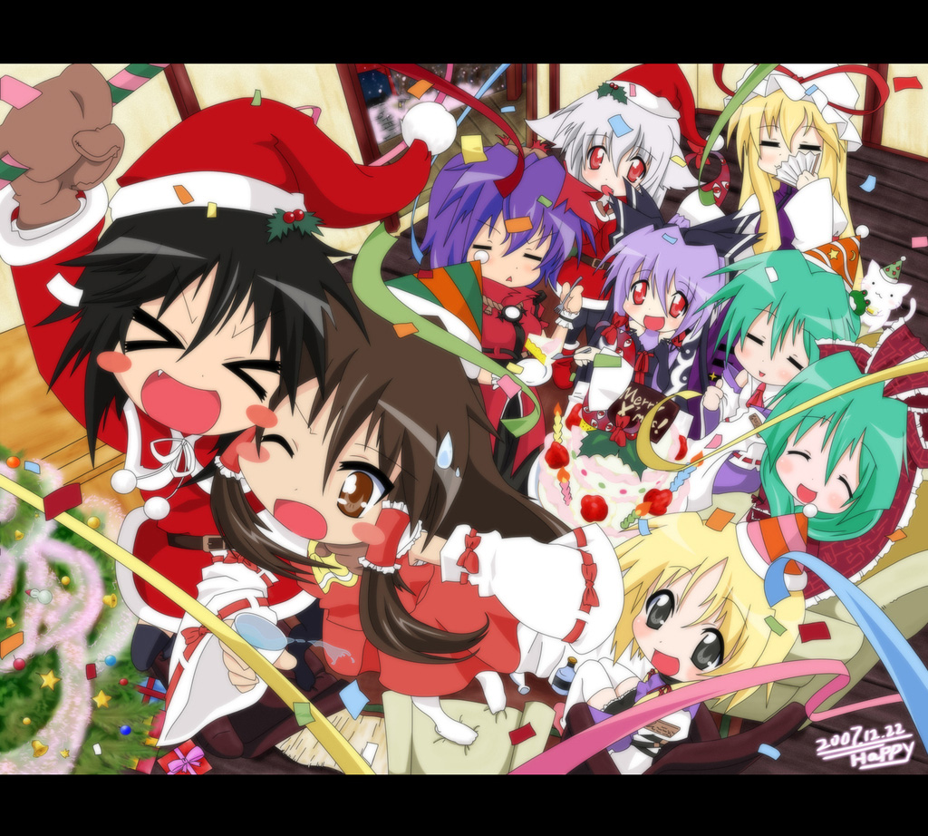 auer, hakurei reimu, inubashiri momiji, kagiyama hina, kochiya sanae, meimu, moriya suwako, shameimaru aya, yakumo yukari, yasaka kanako, lucky star, touhou, bad id, bad pixiv id, > <, 6+girls, black hair, blonde hair, brown hair, christmas, closed eyes, fang, female focus, front ponytail, green hair, multiple girls, parody, purple hair, red eyes, santa costume, white hair