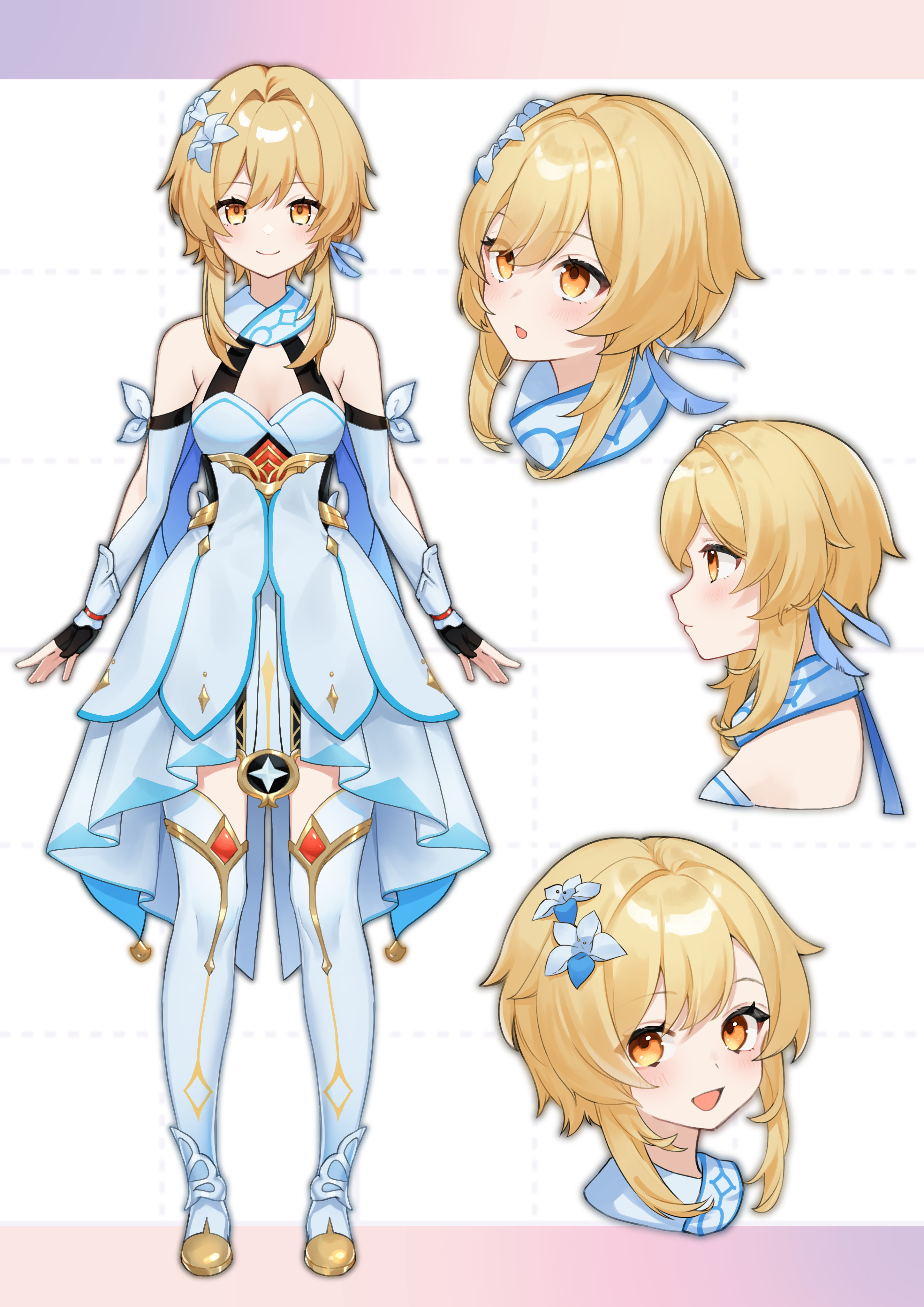 yu ri 0320, lumine (genshin impact), genshin impact, absurdres, commentary, highres, 1girl, :d, bare shoulders, black sleeves, blonde hair, blush, boots, breasts, cleavage, closed mouth, cropped shoulders, detached sleeves, dress, flower, full body, grid background, hair flower, hair ornament, letterboxed, long sleeves, medium hair, multiple views, open mouth, outside border, sleeveless, sleeveless dress, smile, standing, thigh boots, white background, white boots, white dress, yellow eyes
