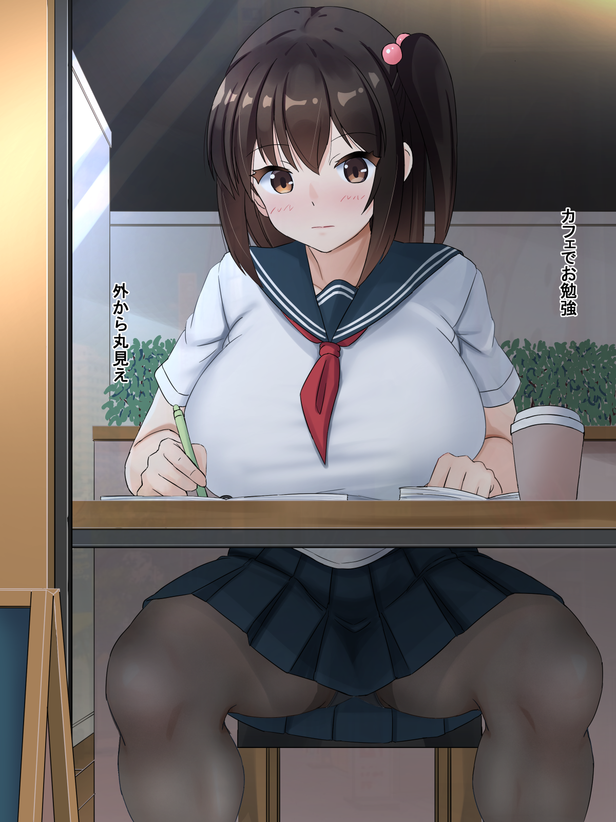 ntraru, original, commentary request, highres, translation request, 1girl, black hair, black pantyhose, black skirt, blue sailor collar, blush, breasts, chair, closed mouth, cup, disposable cup, hair between eyes, hair bobbles, hair ornament, holding, holding pencil, indoors, large breasts, looking at viewer, medium hair, pantyhose, pencil, pleated skirt, sailor collar, school uniform, short sleeves, sidelocks, sitting, skirt, solo, table