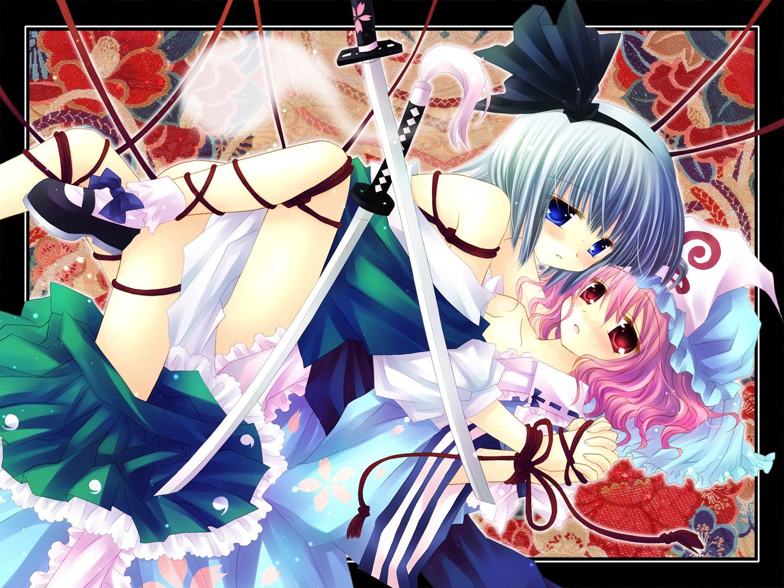 sakurazawa izumi, konpaku youmu, konpaku youmu (ghost), saigyouji yuyuko, touhou, silver hair, white legwear, highres, 2girls, bare shoulders, bdsm, blue eyes, blush, bobby socks, bondage, border, bound, couple, female focus, floral background, gradient hair, hairband, hat, holding hands, interlocked fingers, katana, lying, mary janes, multicolored hair, multiple girls, off shoulder, parted lips, pink eyes, pink hair, rope, shoes, short hair, socks, sword, triangular headpiece, wavy hair, weapon, yuri