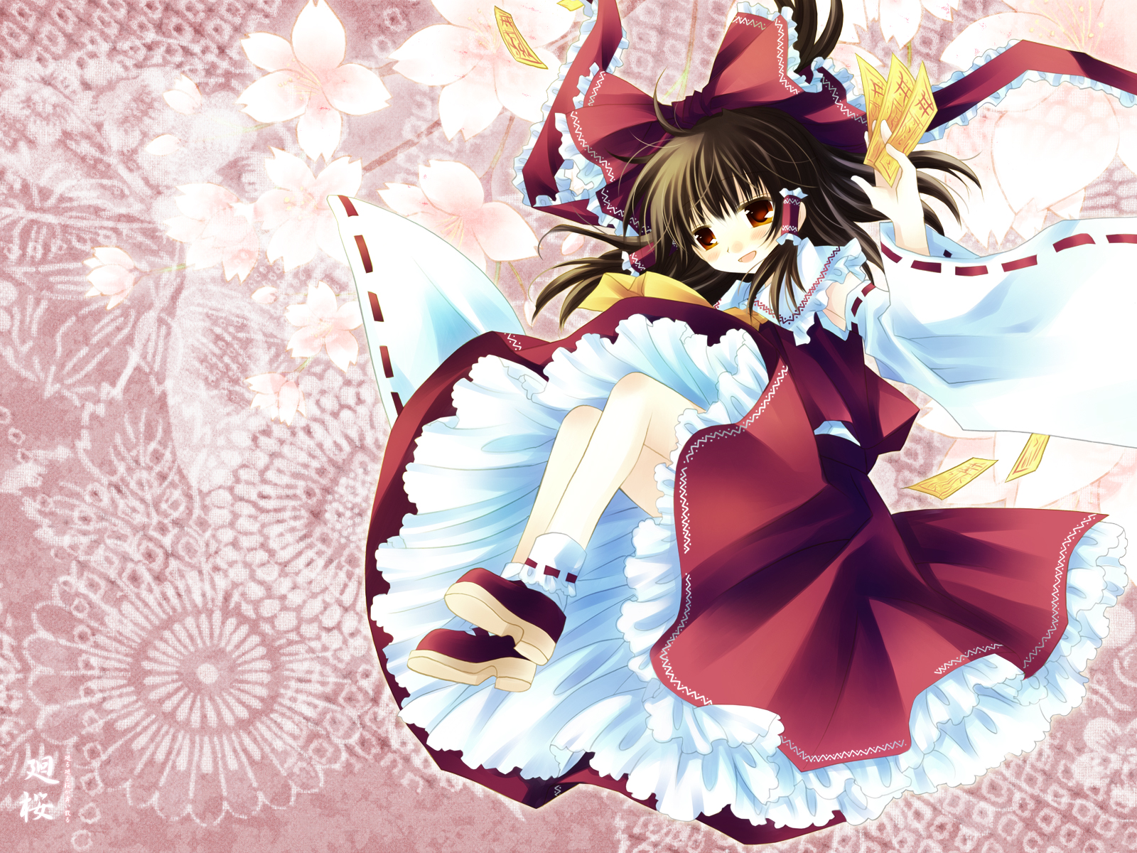 sakurazawa izumi, hakurei reimu, touhou, highres, 1girl, ascot, bow, brown hair, cherry blossoms, detached sleeves, female focus, flower, frilled bow, frilled shirt collar, frills, hair bow, hair tubes, japanese clothes, mary janes, miko, nontraditional miko, open mouth, orange eyes, red bow, red ribbon, red shirt, red shoes, red skirt, ribbon, ribbon-trimmed sleeves, ribbon trim, shirt, shoes, skirt, socks, solo, white skirt, white sleeves, white socks, yellow ascot