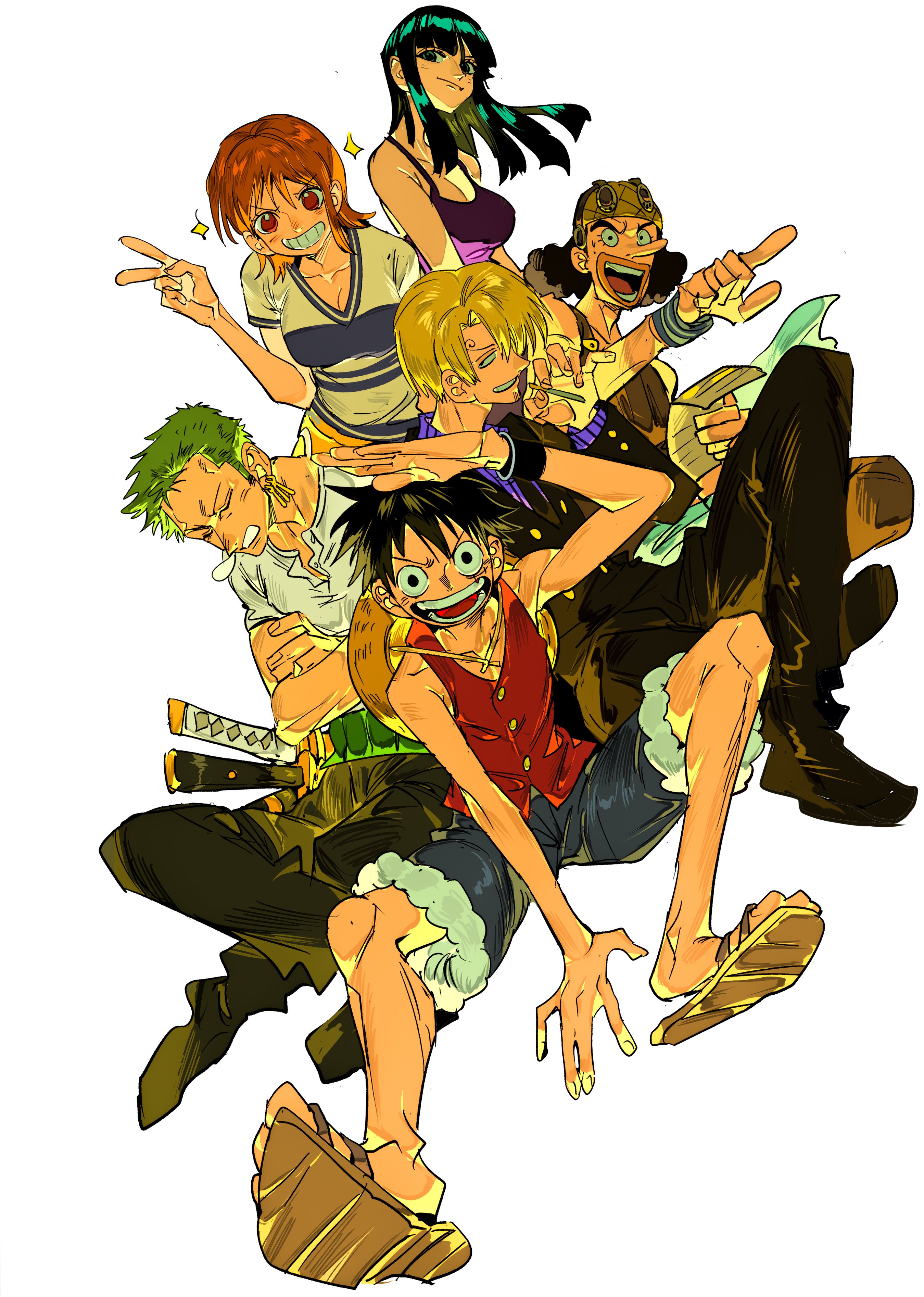 xi luo an ya, monkey d. luffy, nami (one piece), roronoa zoro, sanji (one piece), one piece, absurdres, character request, highres, black hair, black pants, blonde hair, blue shorts, breasts, buttons, cleavage, full body, green hair, grin, large breasts, long hair, long nose, looking at viewer, open mouth, orange hair, pants, red shirt, shirt, short hair, shorts, simple background, sleeveless, sleeveless shirt, smile, teeth, v, white background