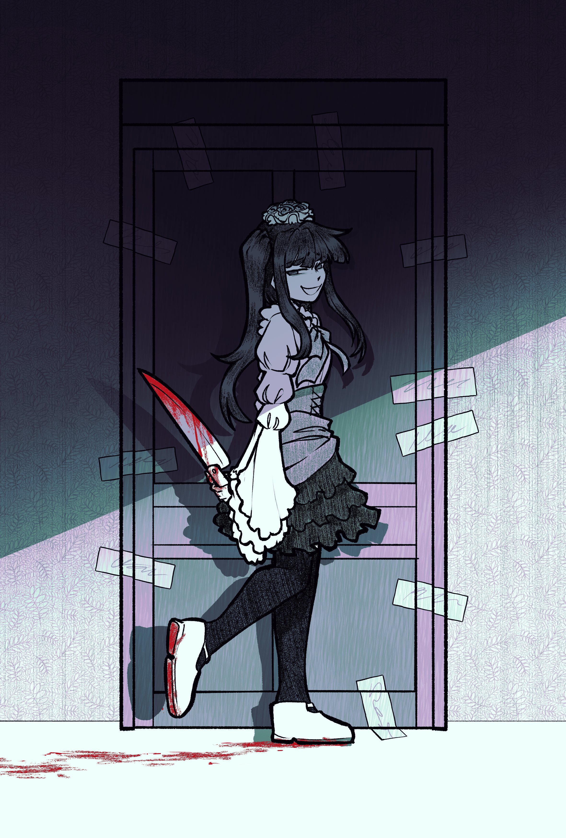 gavinom123, furudo erika, umineko no naku koro ni, absurdres, highres, 1girl, blood, blood on feet, blood on ground, bloody knife, blunt bangs, bow, choker, door, dress, flower, frills, hair ornament, hat, holding, holding knife, knife, long hair, pantyhose, ribbon, rose, skirt, smile, solo, tape, twintails
