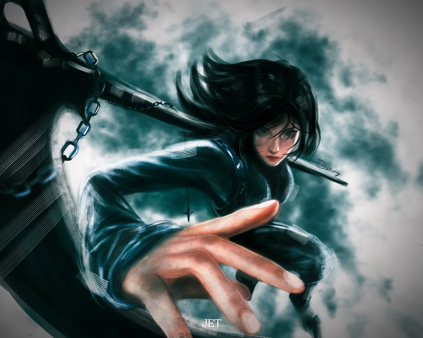 jet (shadow slave), shadow slave, 1girl, arm up, artskiddy69, black eyes, black hair, black robe, bob cut, chain, cloud, cloudy sky, from above, full body, holding, holding polearm, holding weapon, jumping, knee up, looking at viewer, outdoors, polearm, reaching, reaching towards viewer, robe, serious, sky, solo, weapon