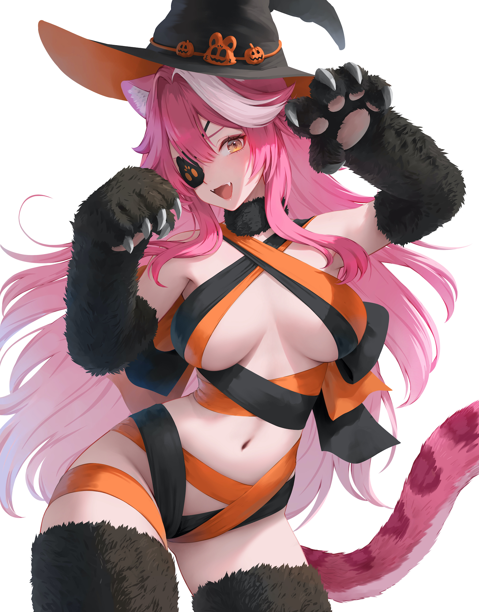 okoge lab, chattino (raora panthera), raora panthera, hololive, hololive english, commentary, highres, 1girl, animal ears, animal hands, black choker, black gloves, black hat, black ribbon, black thighhighs, blush, breasts, cat paw, choker, elbow gloves, eyepatch, fangs, fur choker, fur gloves, fur thighhighs, gloves, hair intakes, halloween, hat, large breasts, long hair, looking at viewer, midriff, multicolored hair, navel, one eye covered, open mouth, orange hat, orange ribbon, panther ears, panther girl, panther tail, paw gloves, paw pose, pink hair, pink lips, pink tail, pumpkin hat ornament, ribbon, simple background, smile, solo, stomach, streaked hair, tail, teeth, thighhighs, thighs, two-tone hair, two-tone hat, upper teeth only, virtual youtuber, white background, yellow eyes
