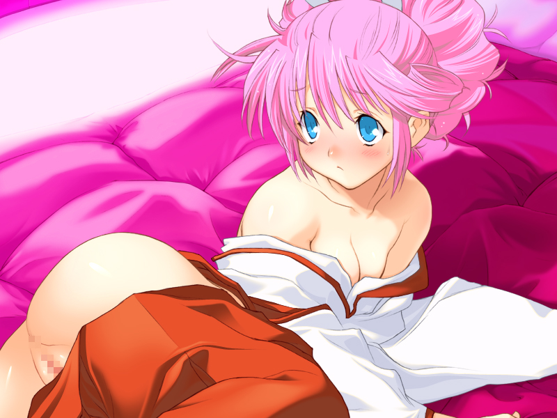 orion, orion (orionproject), sill plain, rance (series), sengoku rance, game cg, 1girl, anus, bed, blue eyes, blush, breasts, censored, cleavage, female focus, japanese clothes, lying, miko, mosaic censoring, on side, pink hair, pussy, small breasts, solo, undressing