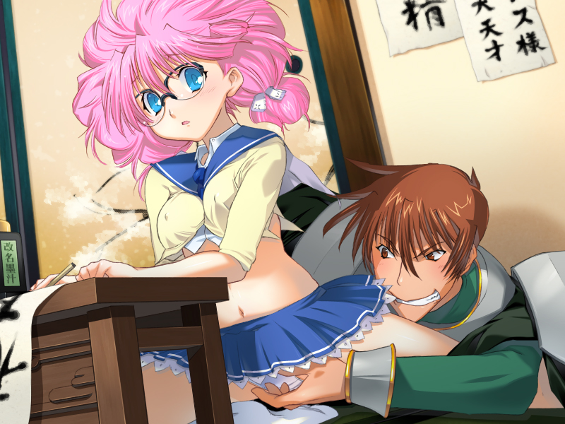 orion, orion (orionproject), rance, sill plain, alice soft, rance (series), sengoku rance, game cg, 1boy, 1girl, blue eyes, breasts, brown eyes, brown hair, covered erect nipples, glasses, grin, medium breasts, midriff, panties, pantyshot, pink hair, school uniform, skirt, smile, underwear, upskirt, white panties