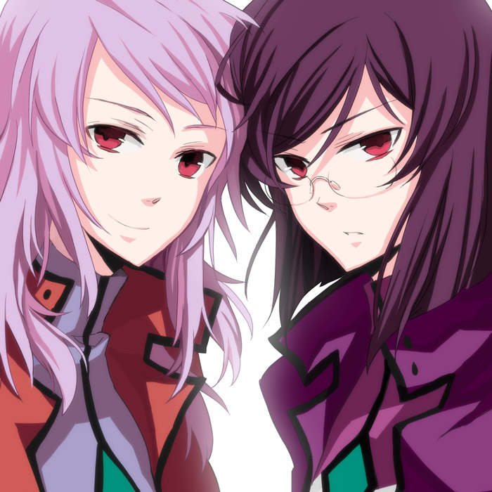 osamu (jagabata), anew returner, tieria erde, gundam, gundam 00, light purple hair, bad id, bad pixiv id, 00s, 1boy, 1girl, glasses, pink eyes, purple hair, red eyes, smile, upper body
