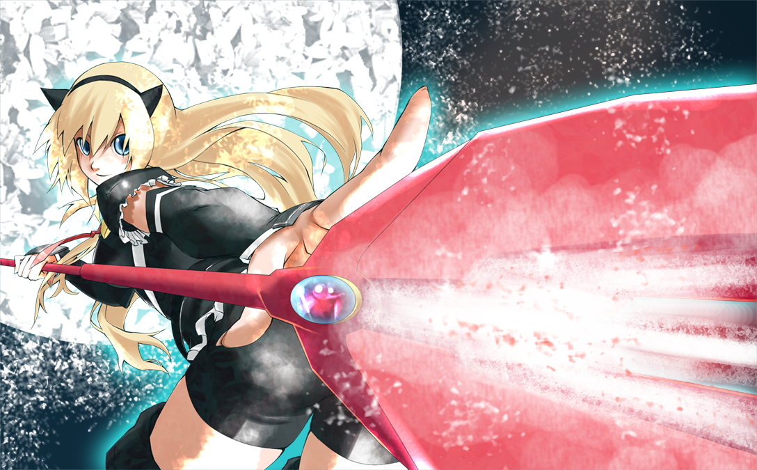 hazuki touya, kyougoku touya, fatina, fatina (druaga), babylonian castle saga, bandai namco, druaga no tou, 1girl, animal ears, bent over, blonde hair, blue eyes, cat ears, female focus, gothic lolita, lolita fashion, long hair, looking back, solo, staff, thighhighs