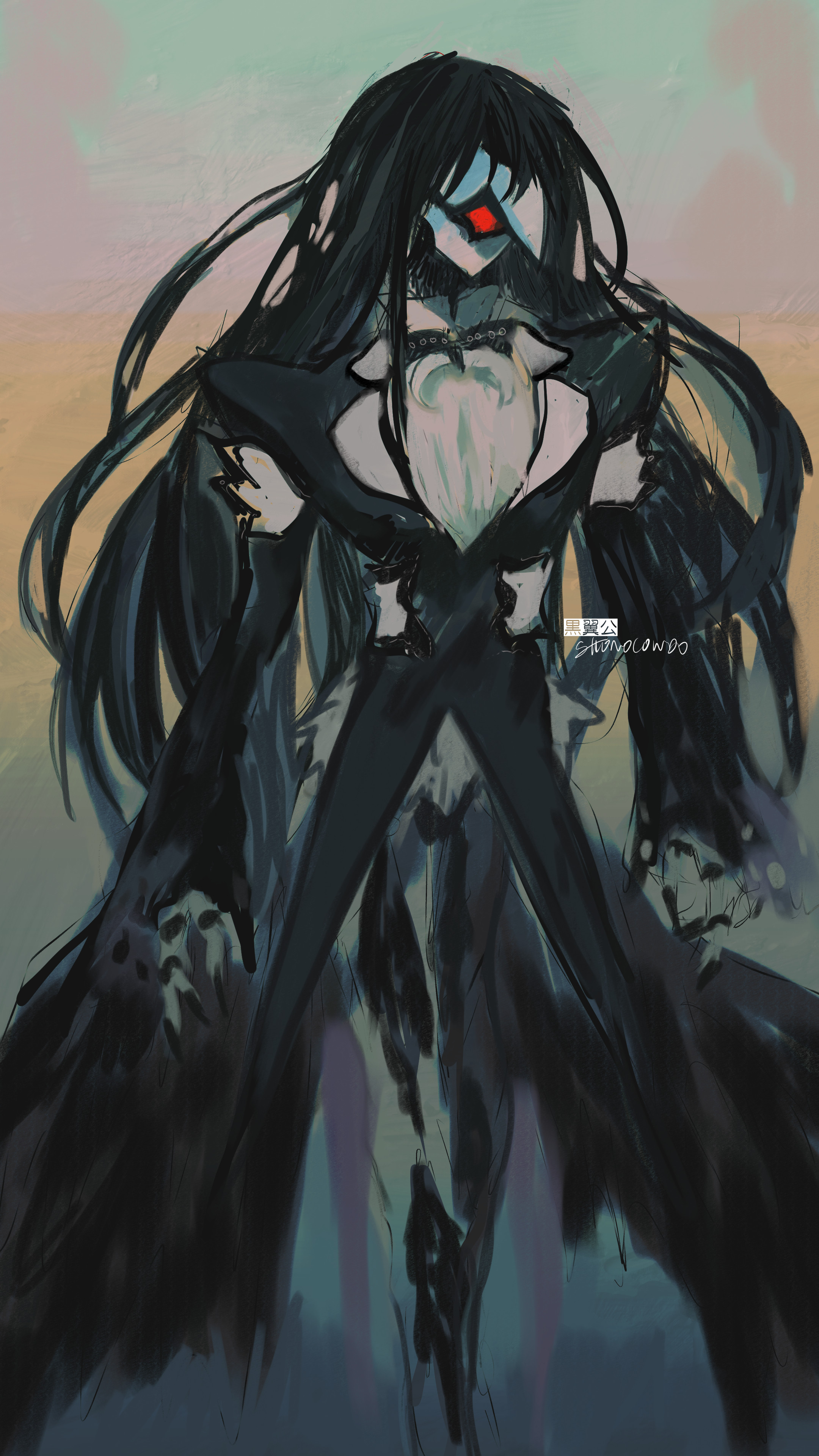 shonocondo, gransurg blackmore, tsukihime, absurdres, highres, 1boy, artist name, black hair, covered face, gloves, jewelry, leg wings, long hair, long sleeves, male focus, mask, necklace, pants, shirt, simple background, sketch, solo, wings