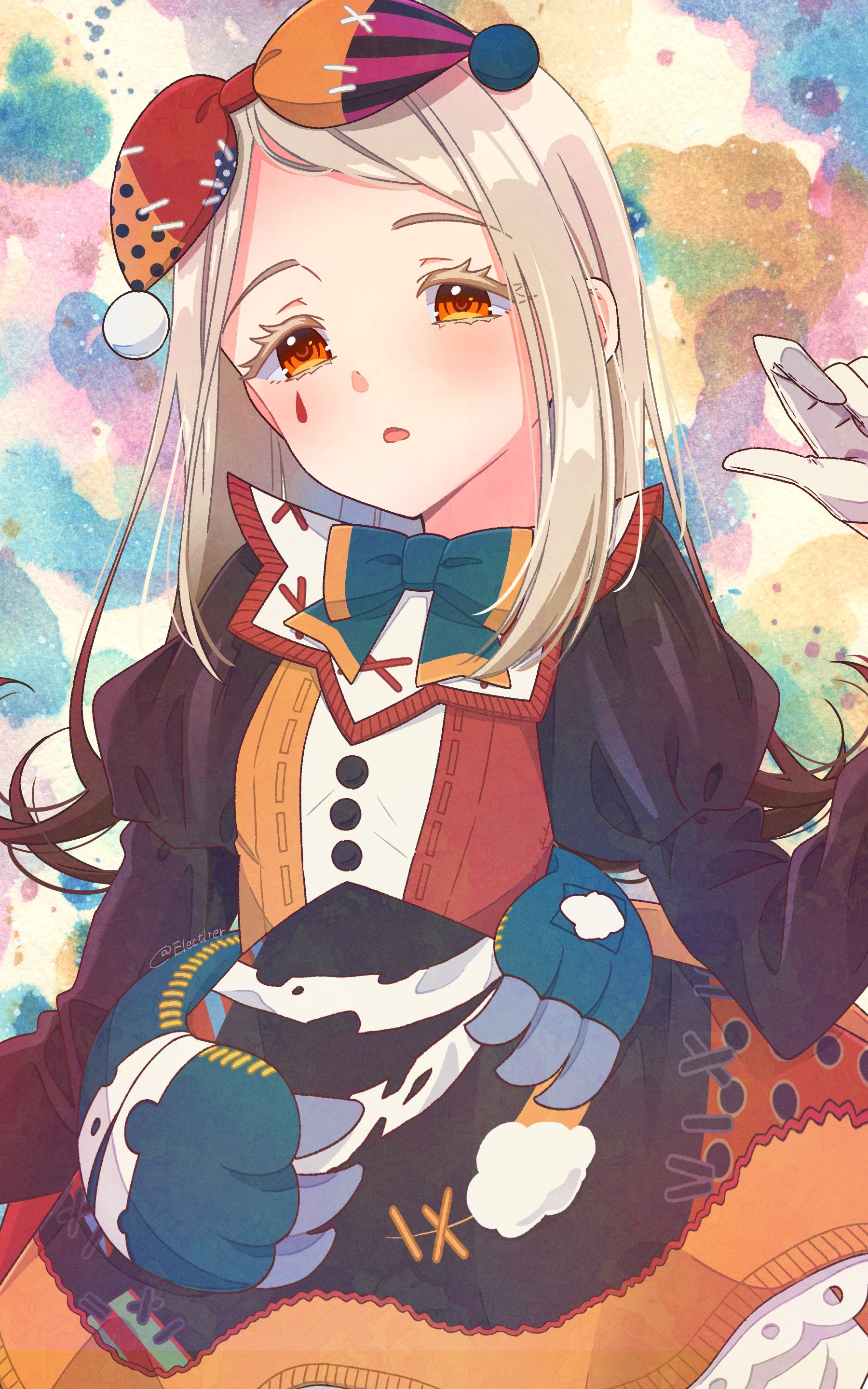 halu (halu gamess), shinosawa hiro, gakuen idolmaster, idolmaster, absurdres, highres, 1girl, black dress, blush, bow, bowtie, dress, facial mark, gloves, grey hair, hat, juliet sleeves, long hair, long sleeves, looking at viewer, open mouth, orange eyes, puffy sleeves, solo, teardrop facial mark, white gloves