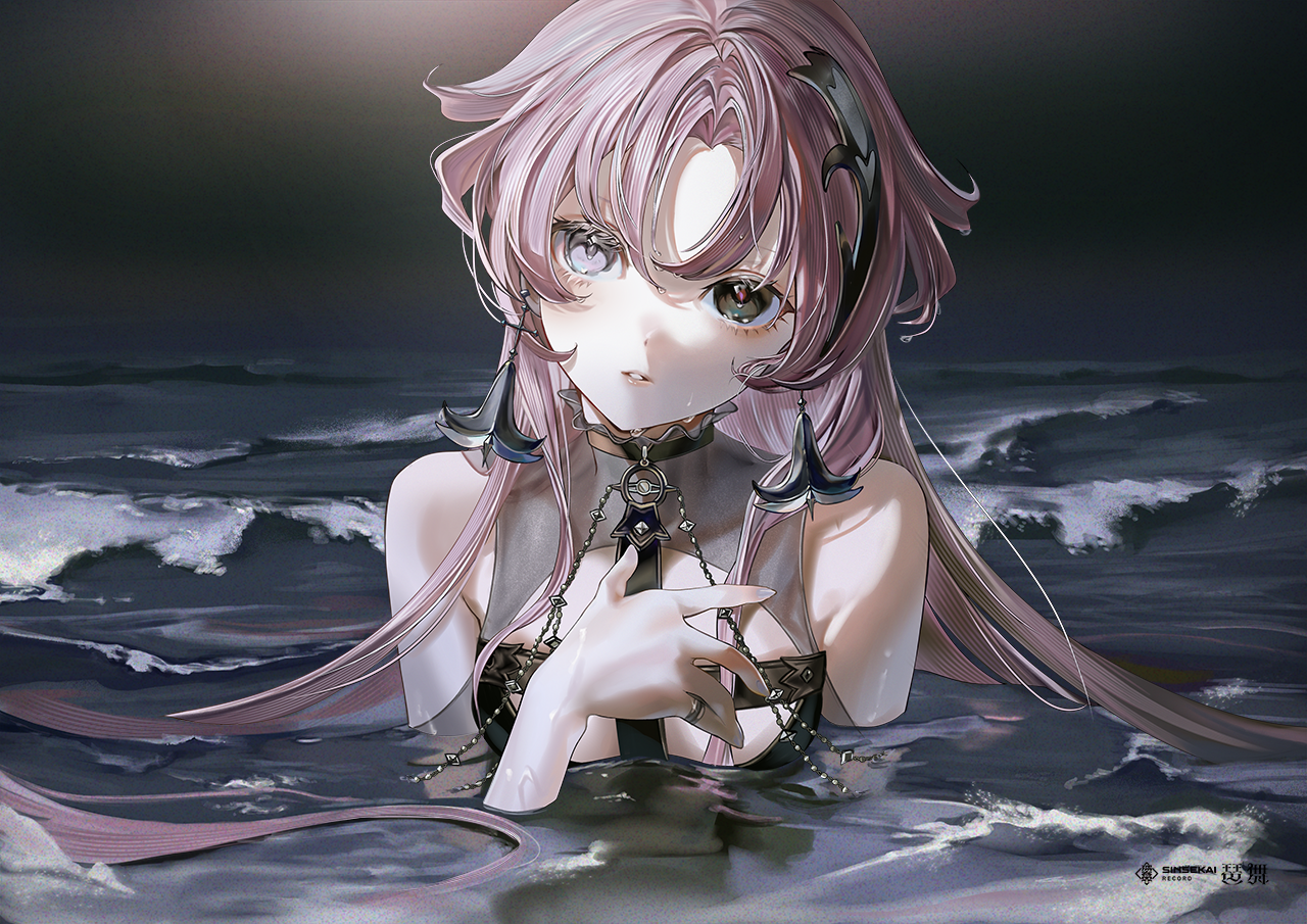 tnpp coc, kamitsubaki studio, sinsekai record, commentary request, official art, second-party source, 1girl, bema (sinsekai), black eyes, character name, copyright name, earrings, grey eyes, hair ornament, hand on own chest, heterochromia, jewelry, long hair, looking at viewer, parted bangs, parted lips, partially submerged, pink hair, ring, solo, virtual youtuber, water, water drop