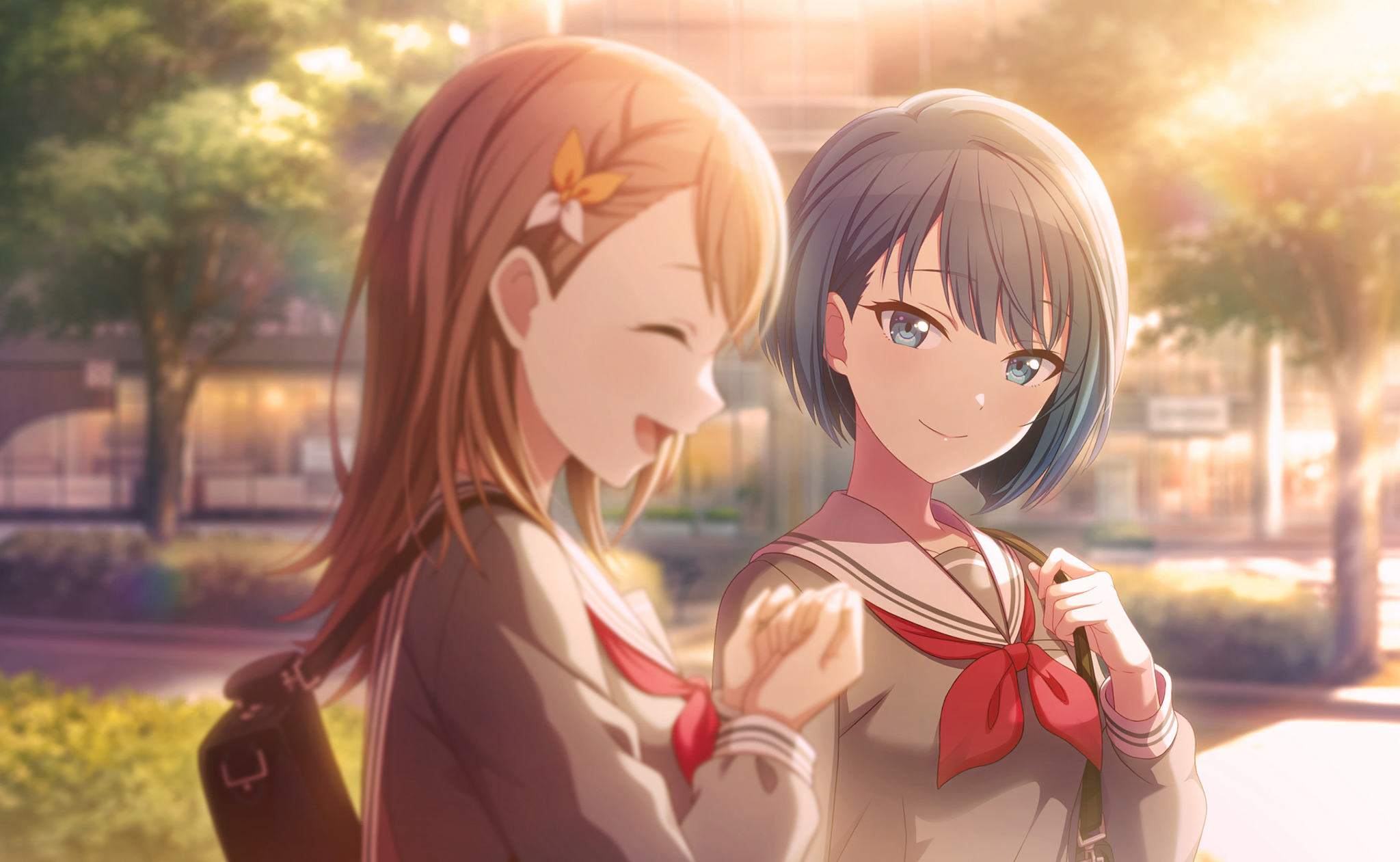 colorful palette, hanasato minori, kiritani haruka, project sekai, game cg, highres, official art, third-party source, 2girls, :d, ^ ^, bag, black bag, blue eyes, blue hair, blurry, blurry background, bob cut, braid, brown hair, closed eyes, closed mouth, grey serafuku, grey shirt, hair ornament, looking at viewer, medium hair, miyamasuzaka girls' academy school uniform, multiple girls, neckerchief, open mouth, profile, red neckerchief, sailor collar, school bag, school uniform, serafuku, shirt, smile, todoke! hopeful stage (project sekai), tongue, tree, white sailor collar