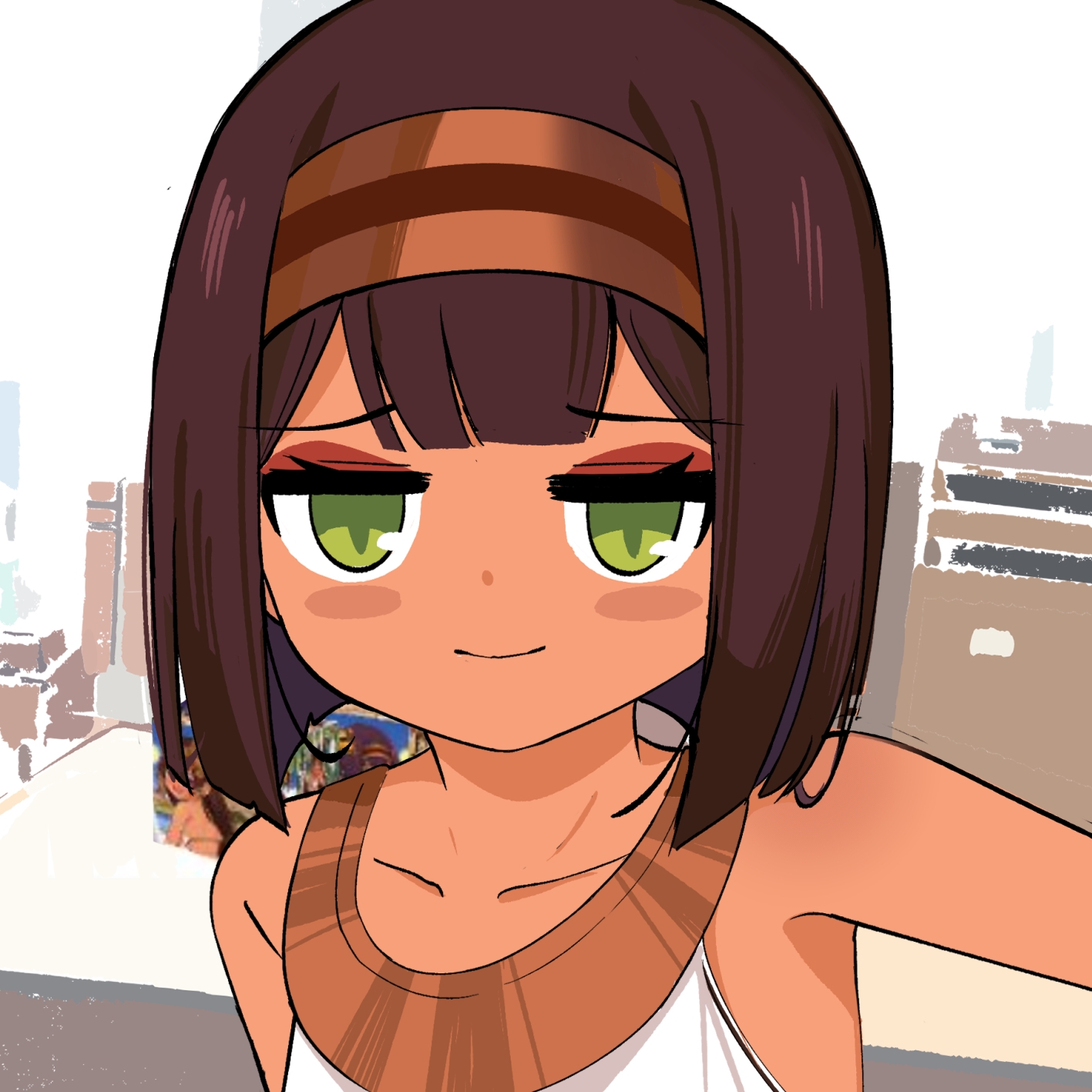 surio, astarte (surio), original, chinese commentary, commentary request, highres, 1girl, ancient egyptian, ancient egyptian clothes, bare arms, bare shoulders, blunt bangs, blush, blush stickers, brown hair, closed mouth, dark-skinned female, dark skin, dot nose, dress, green eyes, hairband, looking at viewer, portrait, short hair, simple background, sleeveless, sleeveless dress, smile, solo, white dress