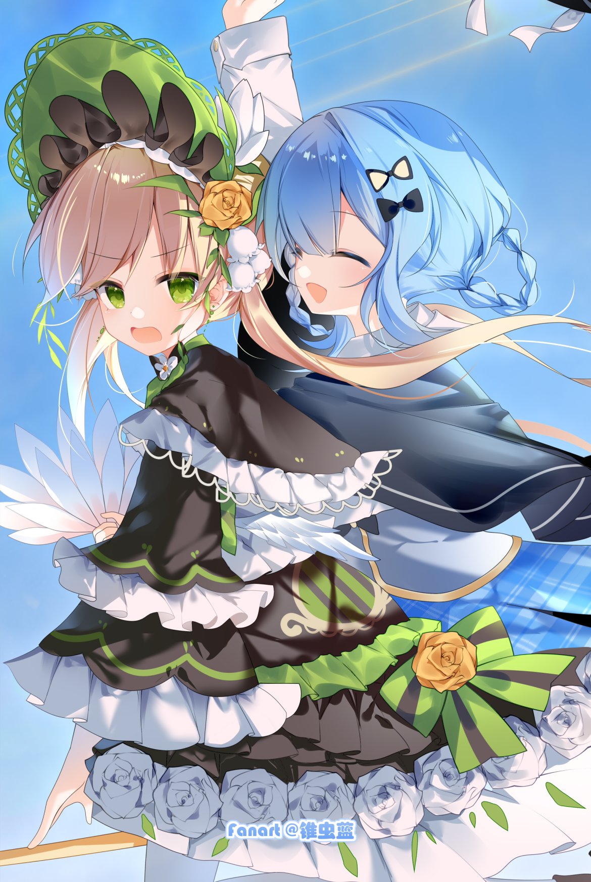 trypan blue, tachibana sherry, tono hanna, mahou shoujo no majo saiban, highres, 2girls, :d, ^ ^, black bow, black capelet, black dress, blue hair, blue skirt, bow, braid, capelet, closed eyes, dress, flower, frilled capelet, frilled dress, frilled sleeves, frills, green eyes, hair bow, hair ornament, long hair, long sleeves, multiple girls, open mouth, rose, skirt, sleeves past fingers, sleeves past wrists, smile, twintails, wide sleeves, yellow flower, yellow rose
