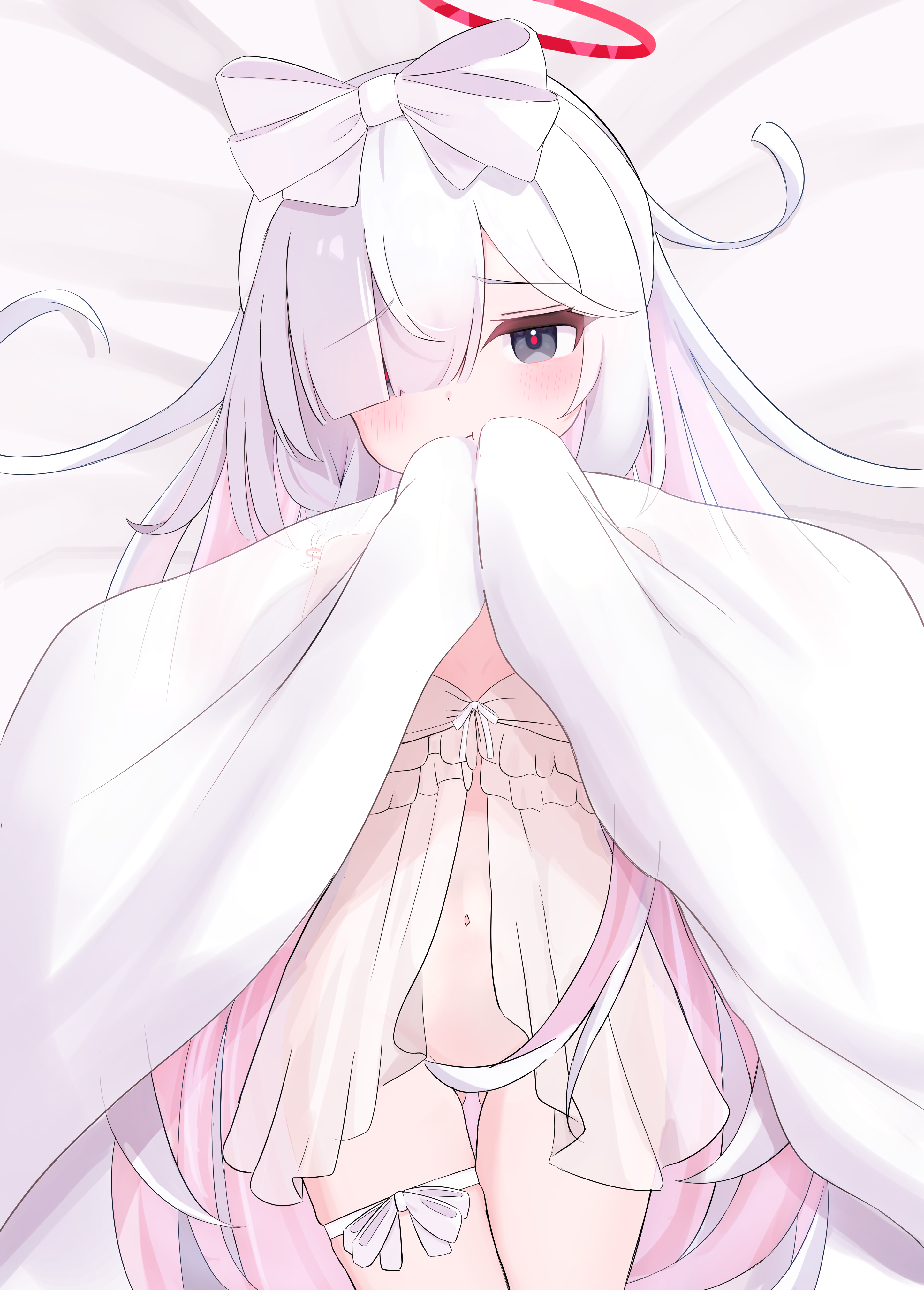herananu117, plana (blue archive), blue archive, absurdres, highres, 1girl, :t, bed sheet, blanket, bottomless, bow, colored inner hair, covering with blanket, cowboy shot, curly ends, dot nose, flat chest, gluteal fold, grey eyes, hair bow, hair over eyes, halo, holding, holding blanket, leg wrap, light blush, lingerie, long hair, looking at viewer, lying, multicolored hair, navel, negligee, no panties, on back, red halo, red pupils, shy, sleepwear, solo, thighs, two-tone hair, underwear, very long hair, white hair, white negligee