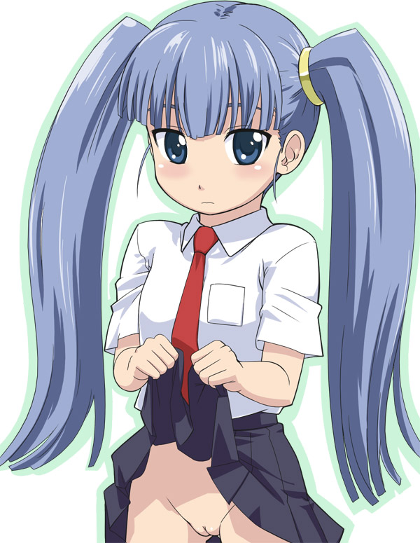 youkan, gretel (otogi-jushi akazukin), otogi-juushi akazukin, gretel, 00s, 1girl, blue eyes, blue hair, cleft of venus, clothes lift, female focus, flat chest, loli, long hair, matching hair/eyes, necktie, no panties, pussy, skirt, skirt lift, solo, twintails, uncensored, white background