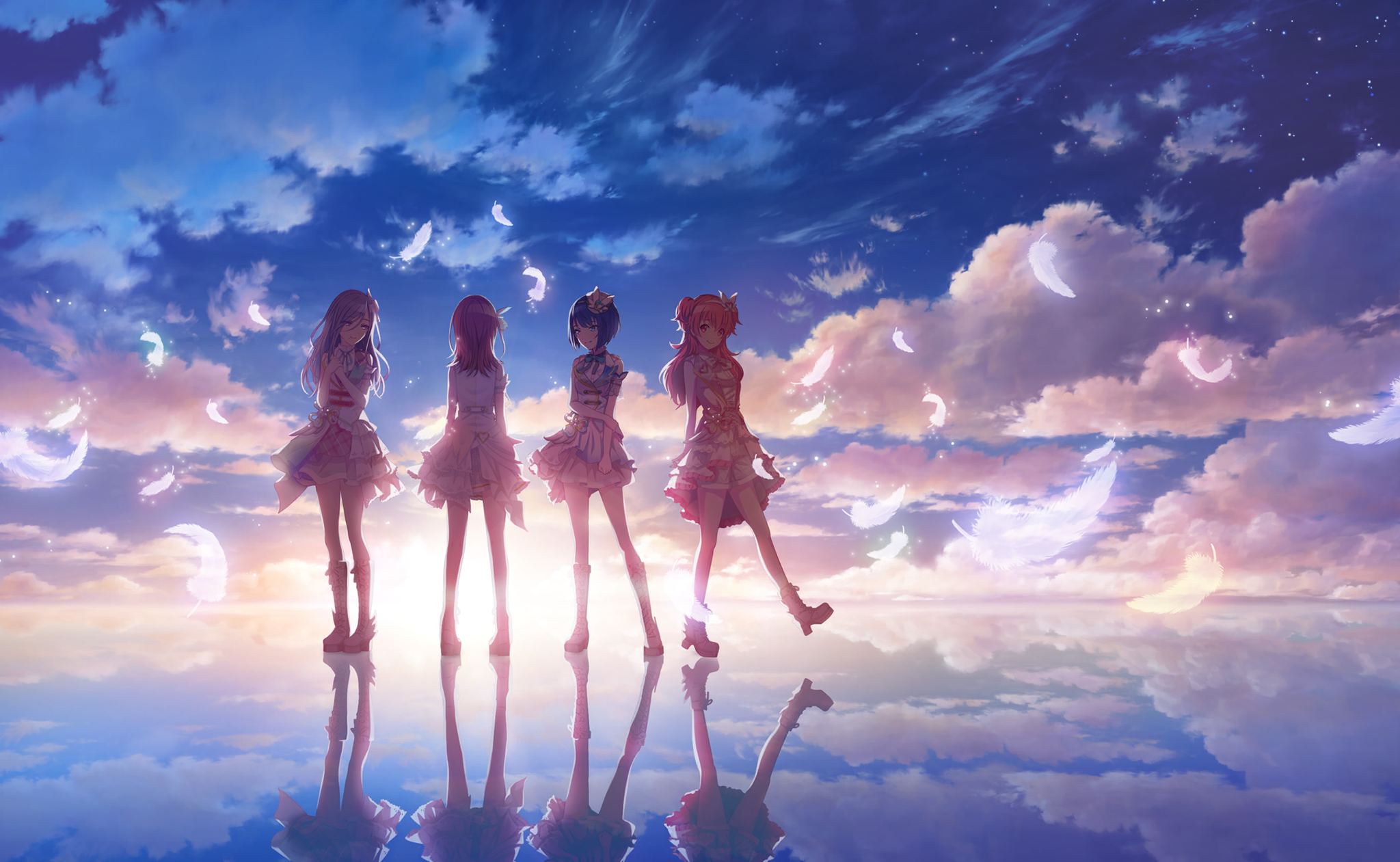 colorful palette, hanasato minori, hinomori shizuku, kiritani haruka, momoi airi, project sekai, game cg, highres, official art, third-party source, 4girls, blue eyes, blue hair, boots, brown hair, cloud, dress, feathers, full body, green hair, grey eyes, hairband, heart, light particles, looking back, more more jump! (project sekai), multiple girls, official alternate costume, pink eyes, pink hair, reflection, standing, star (sky), todoke! hopeful stage (project sekai), white boots, white dress, white hairband