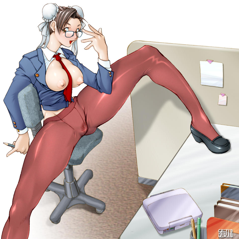 qkat (arikawa-dou), chun-li, capcom, street fighter, blush, breasts, brown hair, desk, double bun, glasses, necktie, nipples, no panties, no pants, open clothes, open shirt, pantyhose, pubic hair, shirt, sitting, smile, spread legs, uncensored