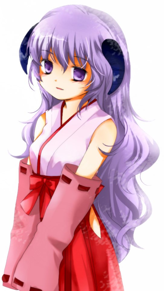 kamai kanata, hanyuu, higurashi no naku koro ni, 00s, 1girl, detached sleeves, female focus, hakama, hakama skirt, horns, japanese clothes, long hair, miko, purple eyes, purple hair, red hakama, skirt, solo
