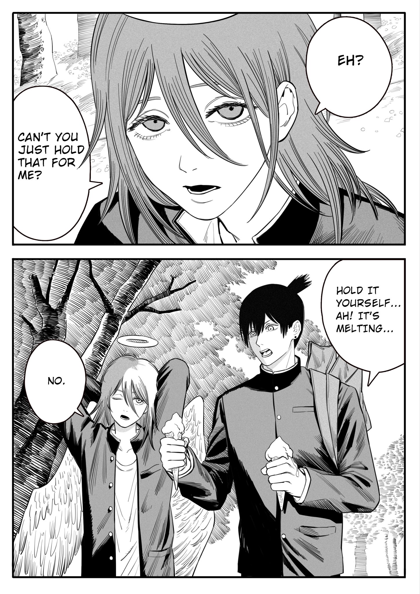 kiunchiku, angel devil (chainsaw man), hayakawa aki, chainsaw man, highres, 2boys, alternate costume, alternate universe, angel, angel wings, bag, buttons, earrings, english text, food, gakuran, greyscale, hair between eyes, halo, height difference, holding, holding food, holding ice cream, ice cream, jacket, jewelry, long hair, long sleeves, lower teeth only, male focus, monochrome, multiple boys, open clothes, open jacket, open mouth, pocket, school bag, school uniform, shirt, short hair, speech bubble, teeth, topknot, upper body, wings