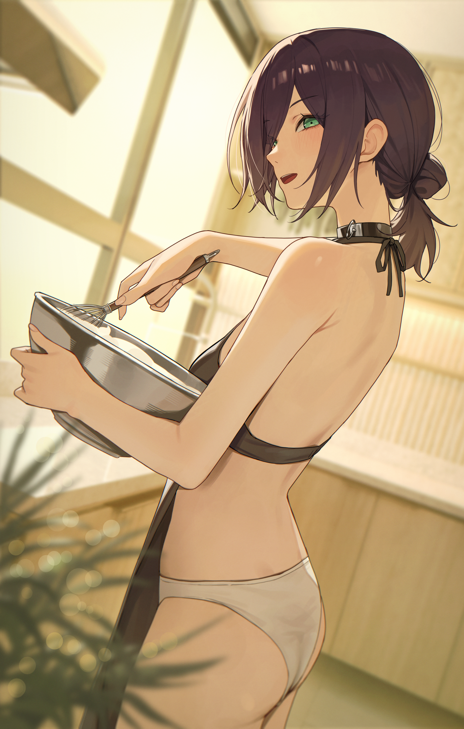 suumon, reze (chainsaw man), chainsaw man, absurdres, commentary, highres, 1girl, apron, ass, black apron, breasts, green eyes, holding, holding whisk, indoors, kitchen, looking at viewer, mixing, mixing bowl, open mouth, panties, purple hair, short hair, small breasts, solo, underwear, whisk, white panties